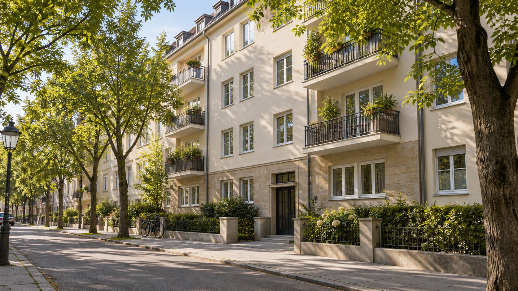 Städtisches Wohnhaus mit Balkonen und Bäumen