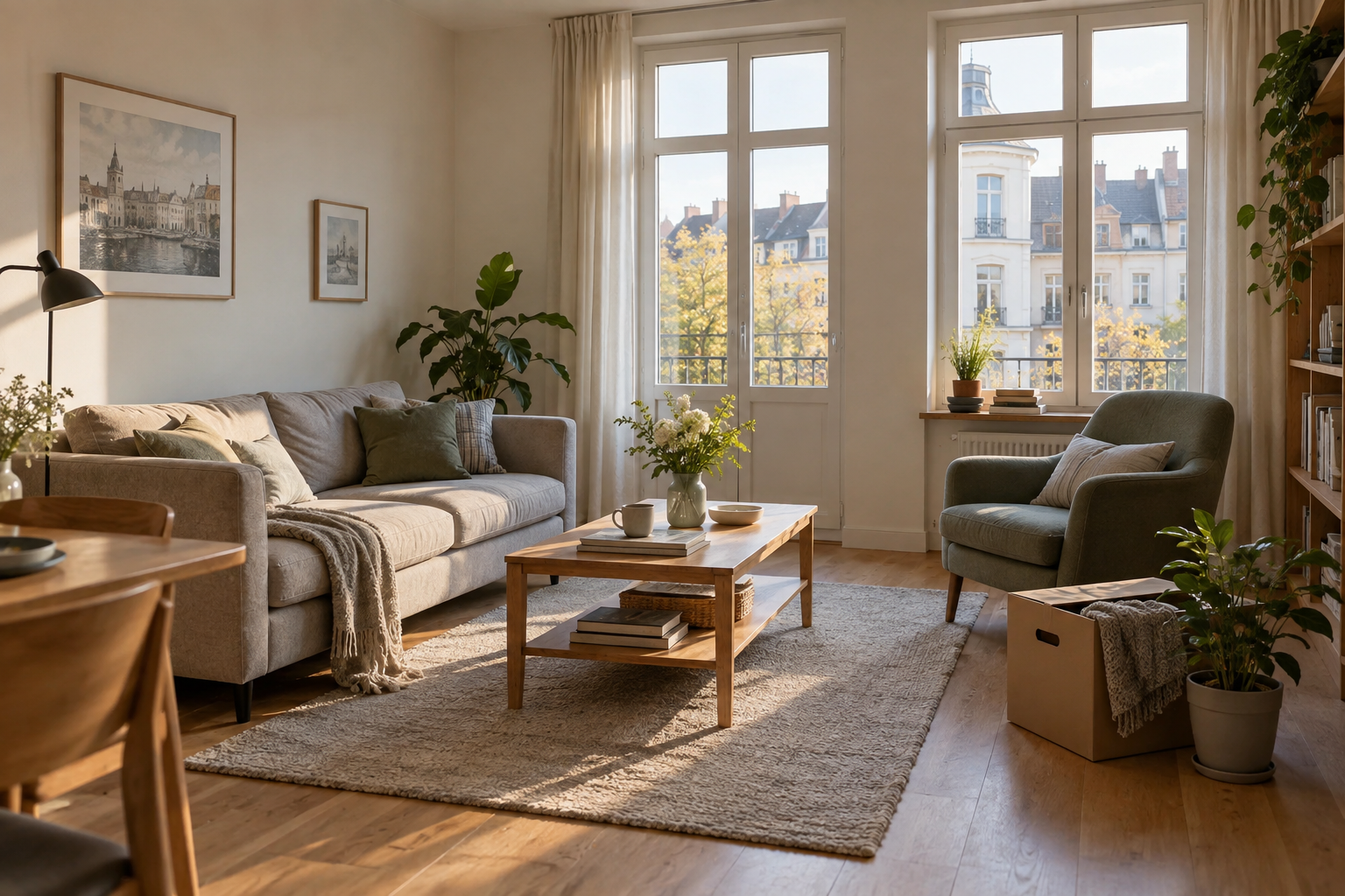 Helles Wohnzimmer einer Stadtwohnung mit Blick auf Nachbarhäuser